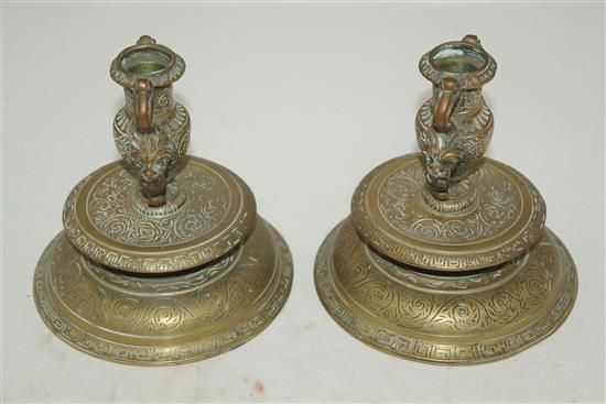 A pair of Italian Renaissance Venetian bronze candlesticks, 16th/17th century, 5.5in.
